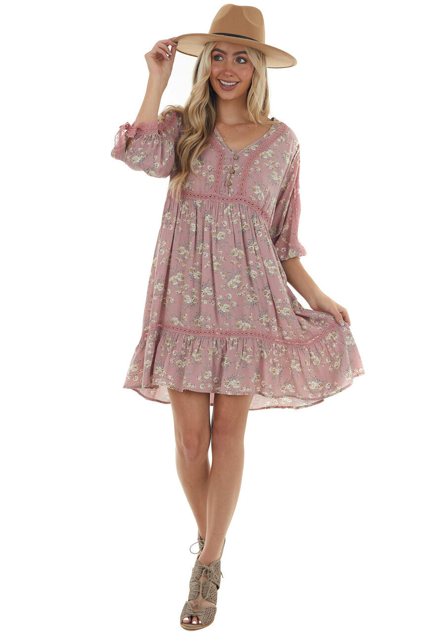 Dusty Rose Floral Print Babydoll Short Dress