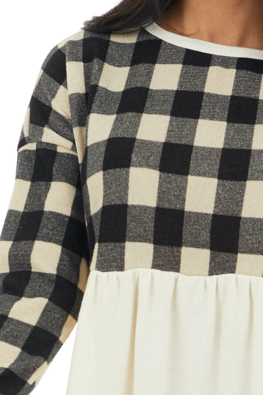 Black and Cream Buffalo Plaid Babydoll Top with Long Sleeves