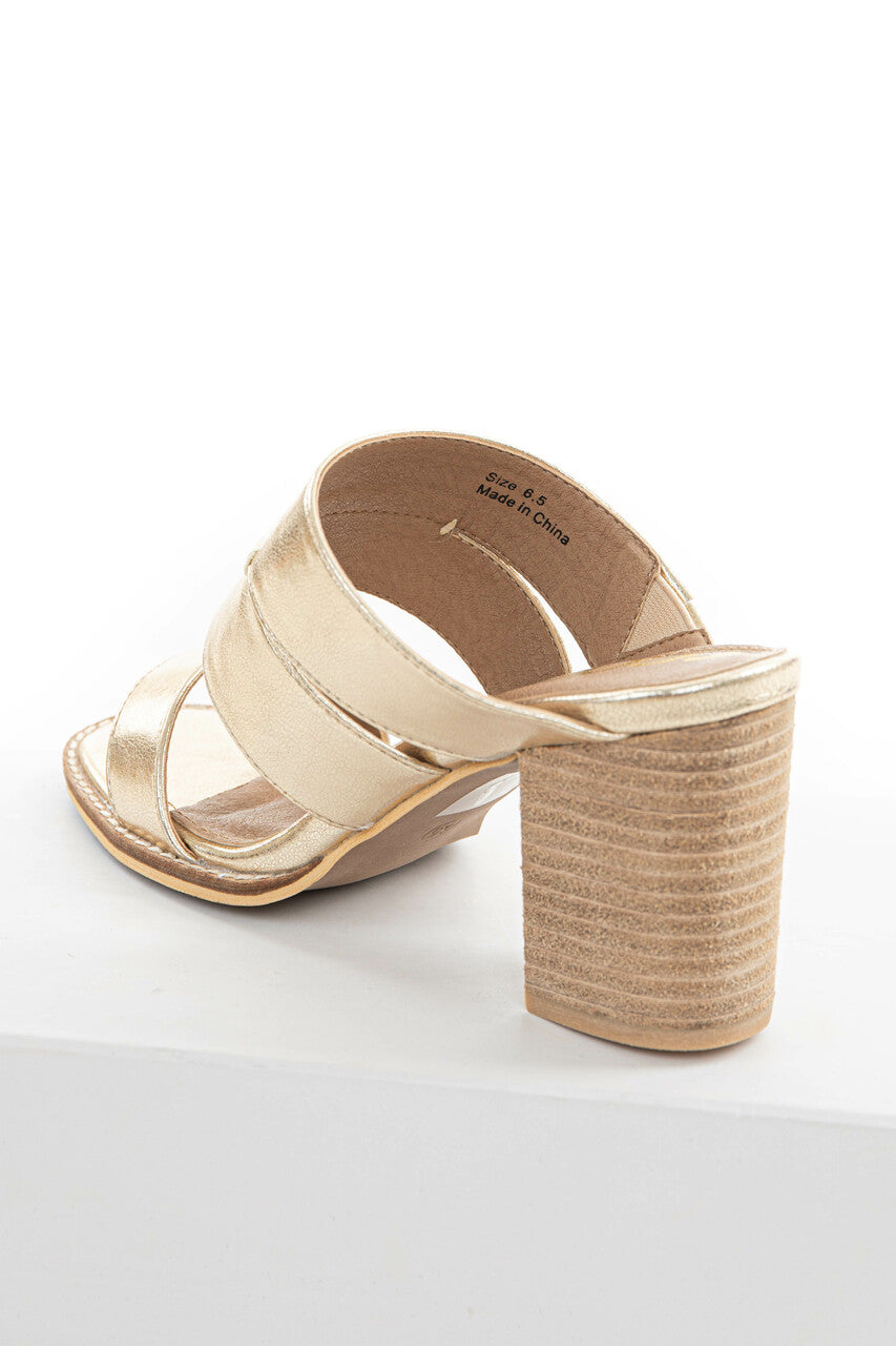 Shiny Gold Faux Leather Open Toe Heeled Mules