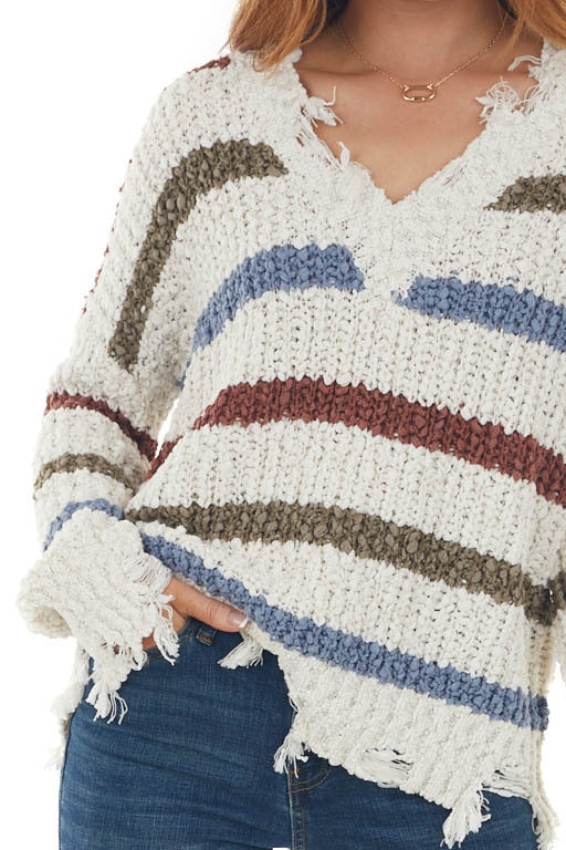 Cream Multicolor Striped Frayed Trim Sweater