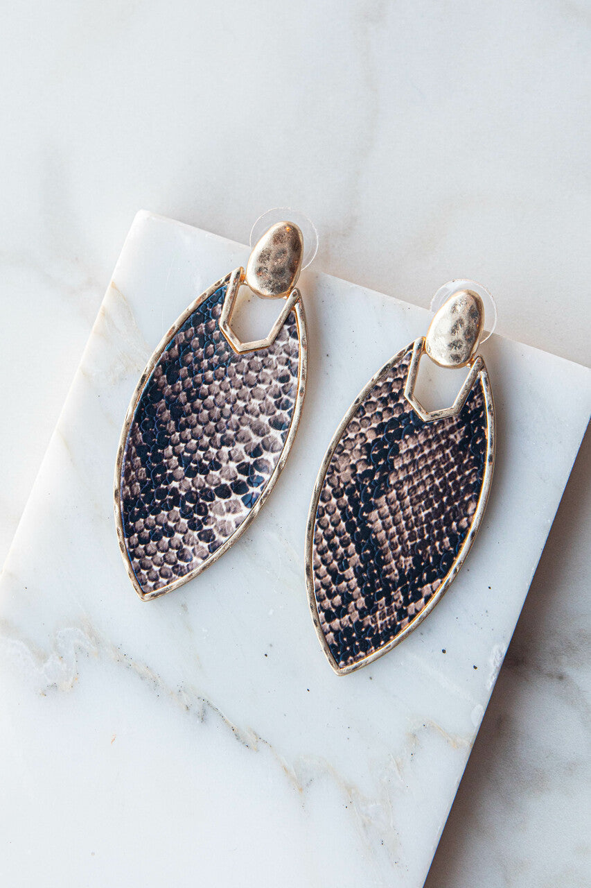Mocha Snake Print Marquise Dangle Earrings