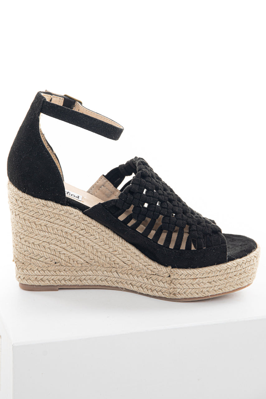 Black Basket Woven Espadrille Wedge with Ankle Strap