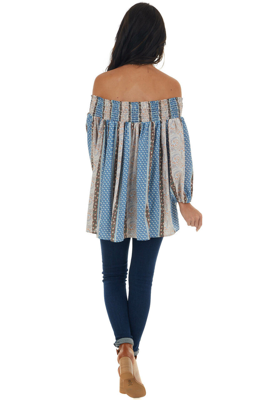 Dusty Blue Printed Smocked Off Shoulder Blouse