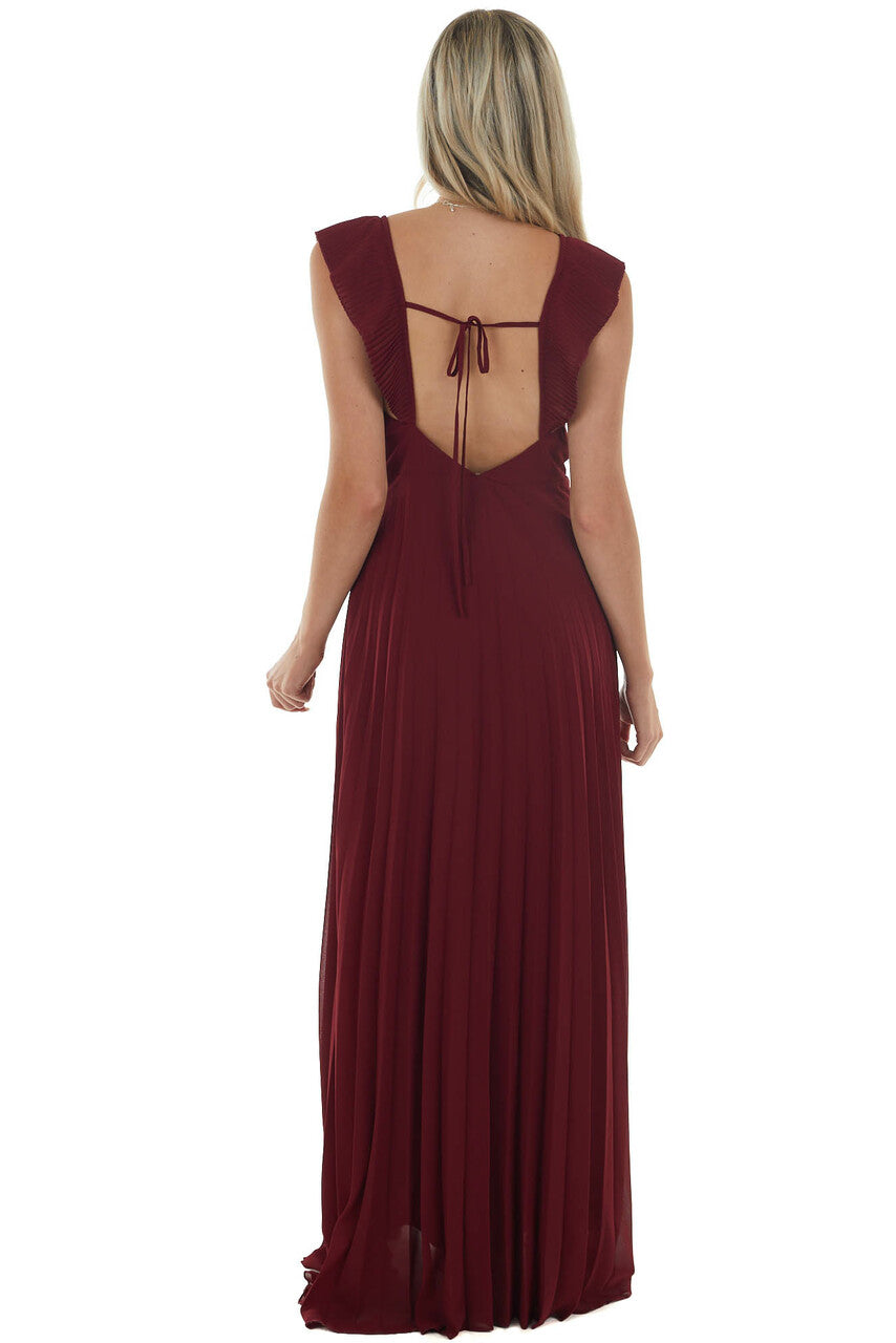 Wine Open Back Pleated Sleeveless Maxi Dress