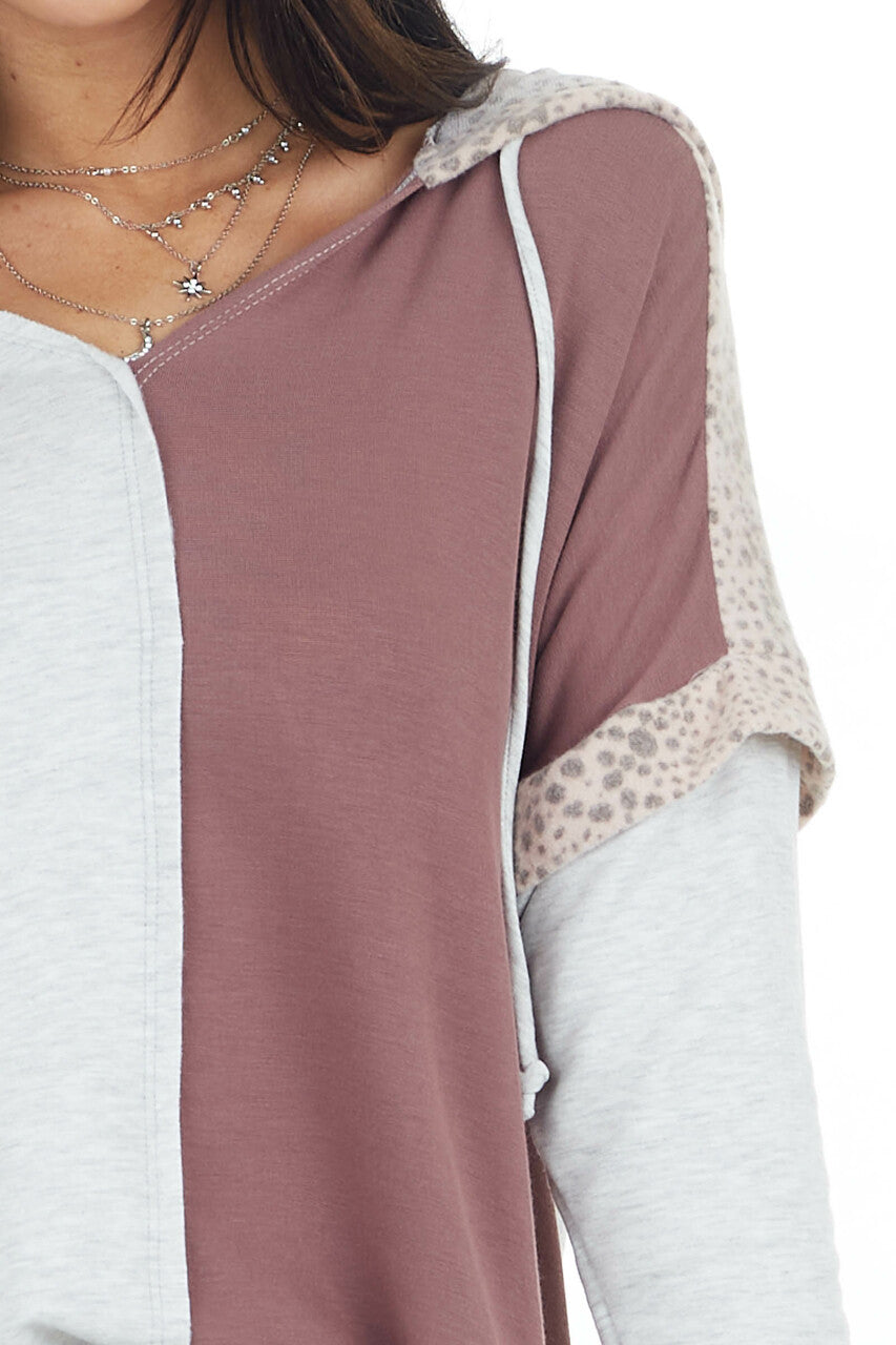 Marsala Colorblock Long Sleeve Hoodie with Cheetah Print