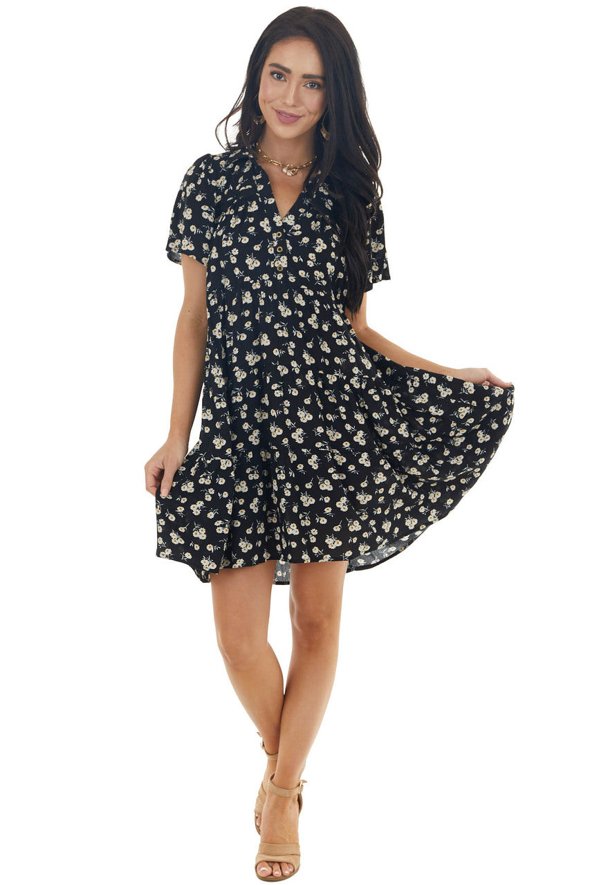 Black Ditsy Floral Tiered Babydoll Short Dress with Collar 