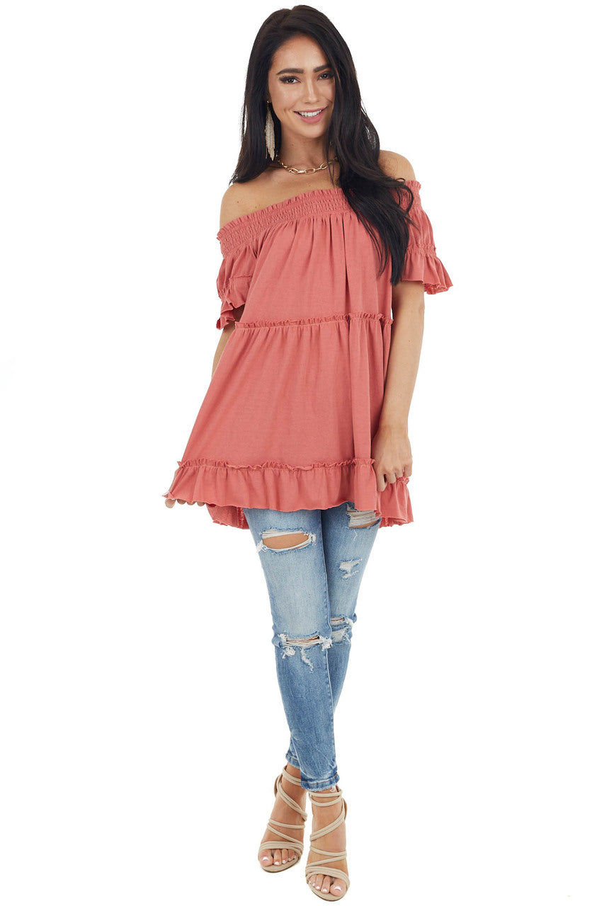 Coral Off Shoulder Tiered Tunic Top with Short Sleeves