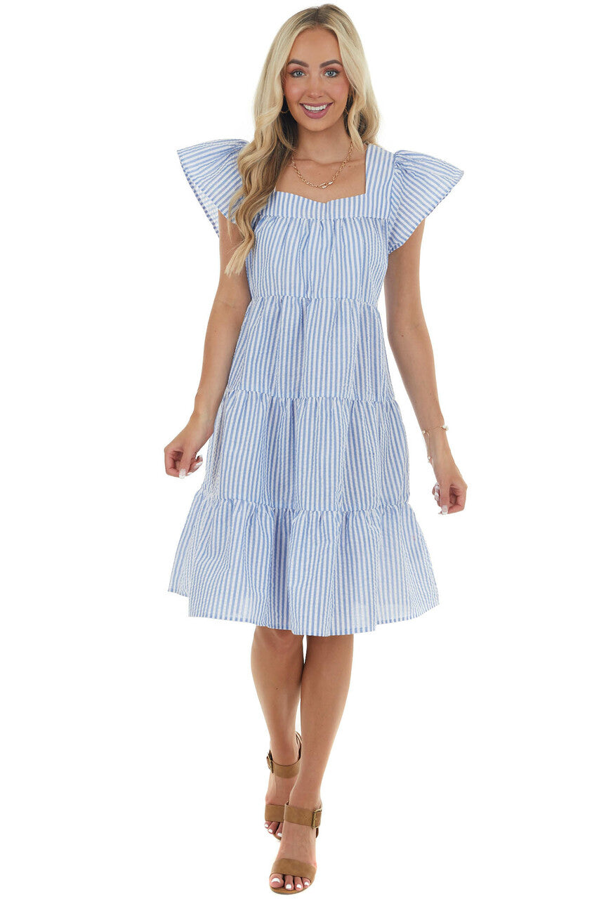 Dusty Blue Striped Babydoll Tiered Short Dress