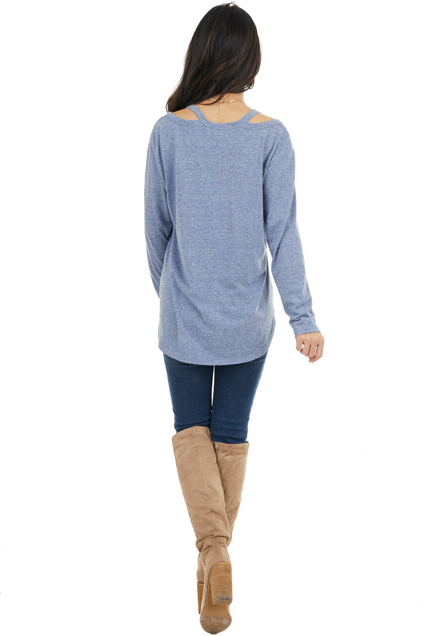 Dusty Blue Shoulder Cutout Long Sleeve Stretchy Knit Top