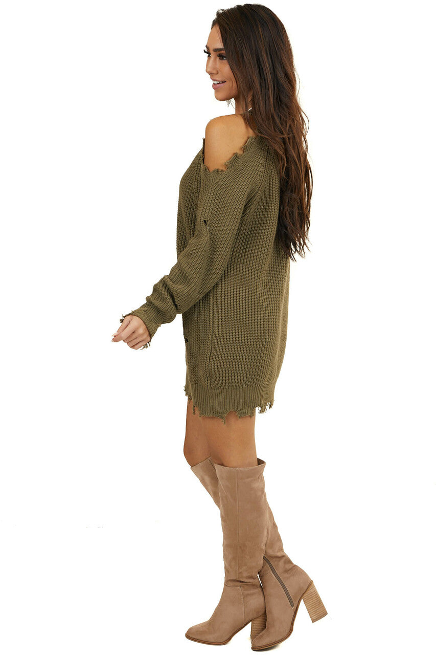Olive Cold Shoulder Sweater Dress with Distressed Details