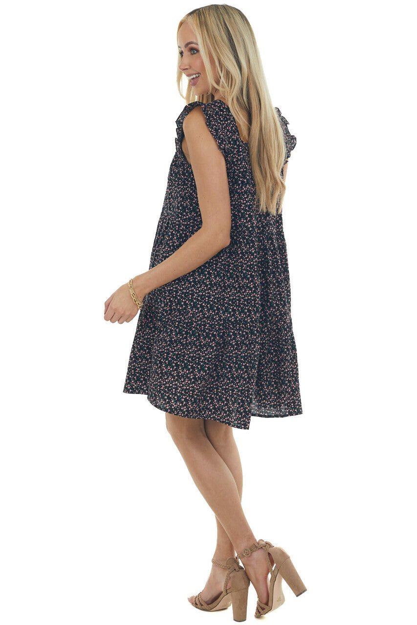 Black Ditsy Floral Textured Square Neck Dress