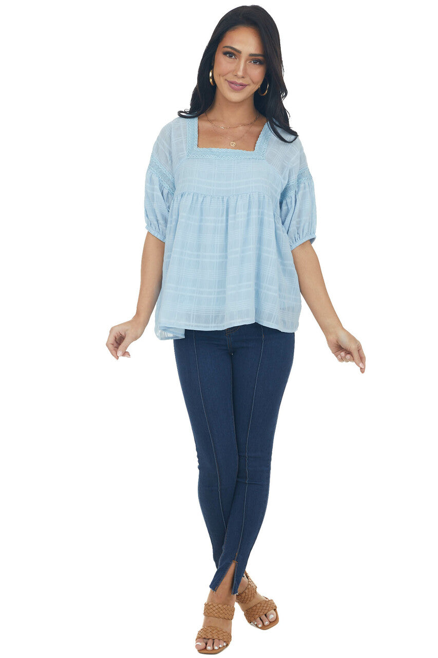 Powder Blue Babydoll Puff Sleeve Blouse with Square Neck