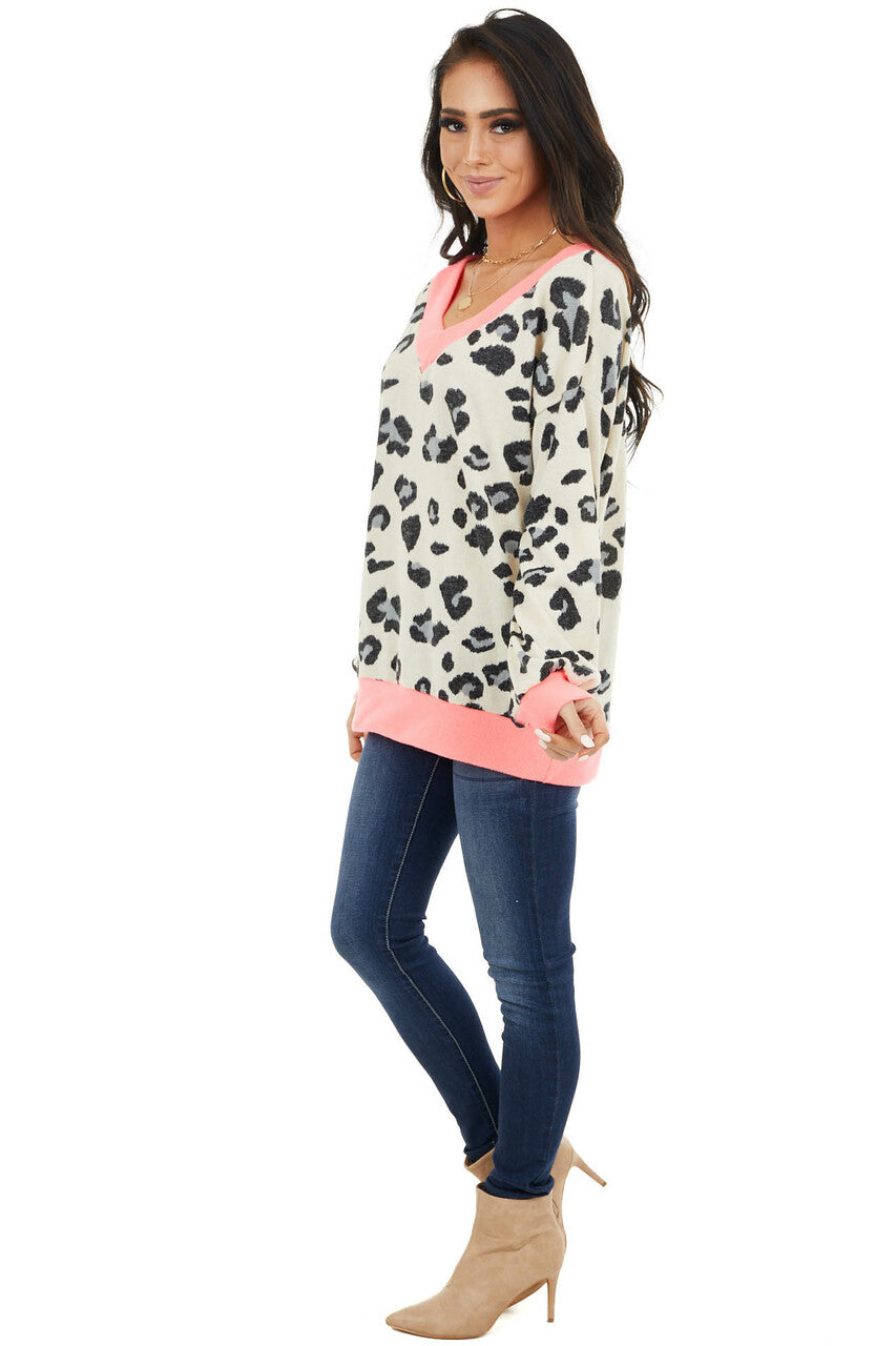 Ivory Leopard Print Long Sleeve Top with Contrast Trim