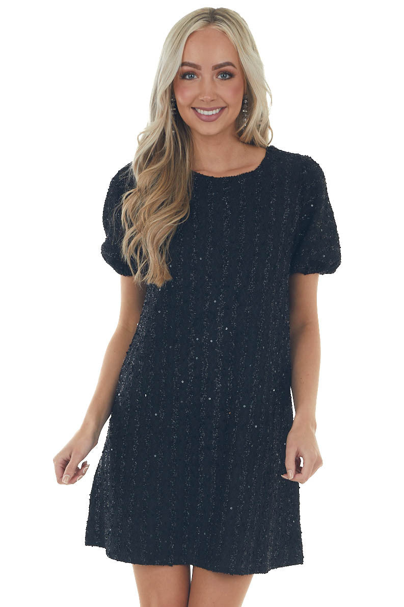 Black Textured Metallic Threaded Shift Dress