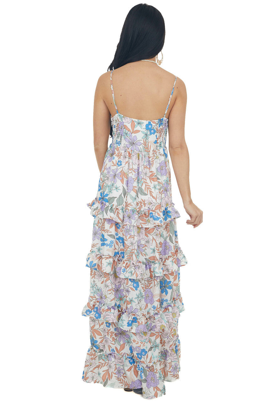 Off White Floral Print Ruffle Tier Maxi Dress