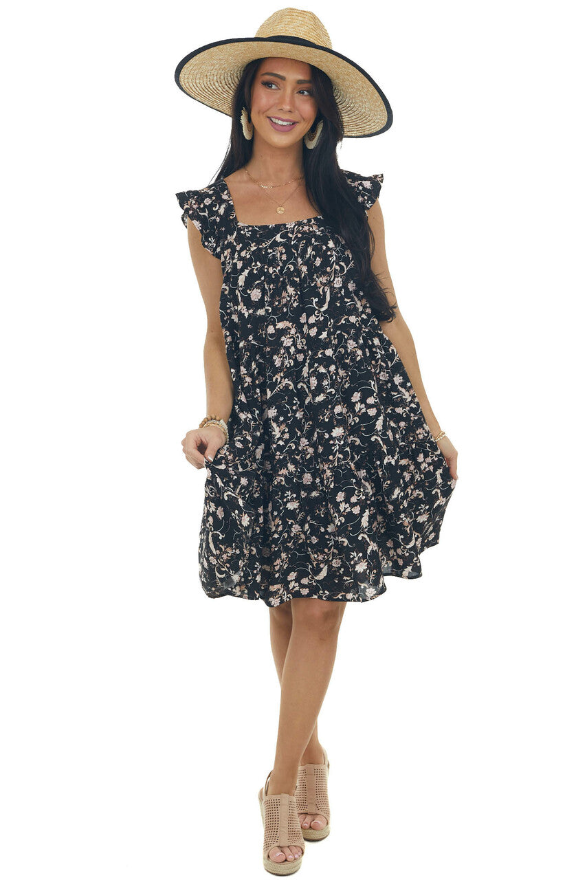 Black Floral Print Tiered Woven Short Dress