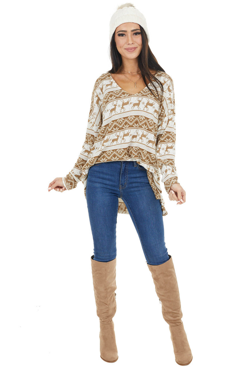 Camel and Ivory Holiday Print Oversized Long Sleeve Top