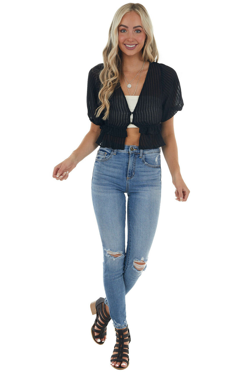 Black Plunging V Neck Short Sleeve Blouse