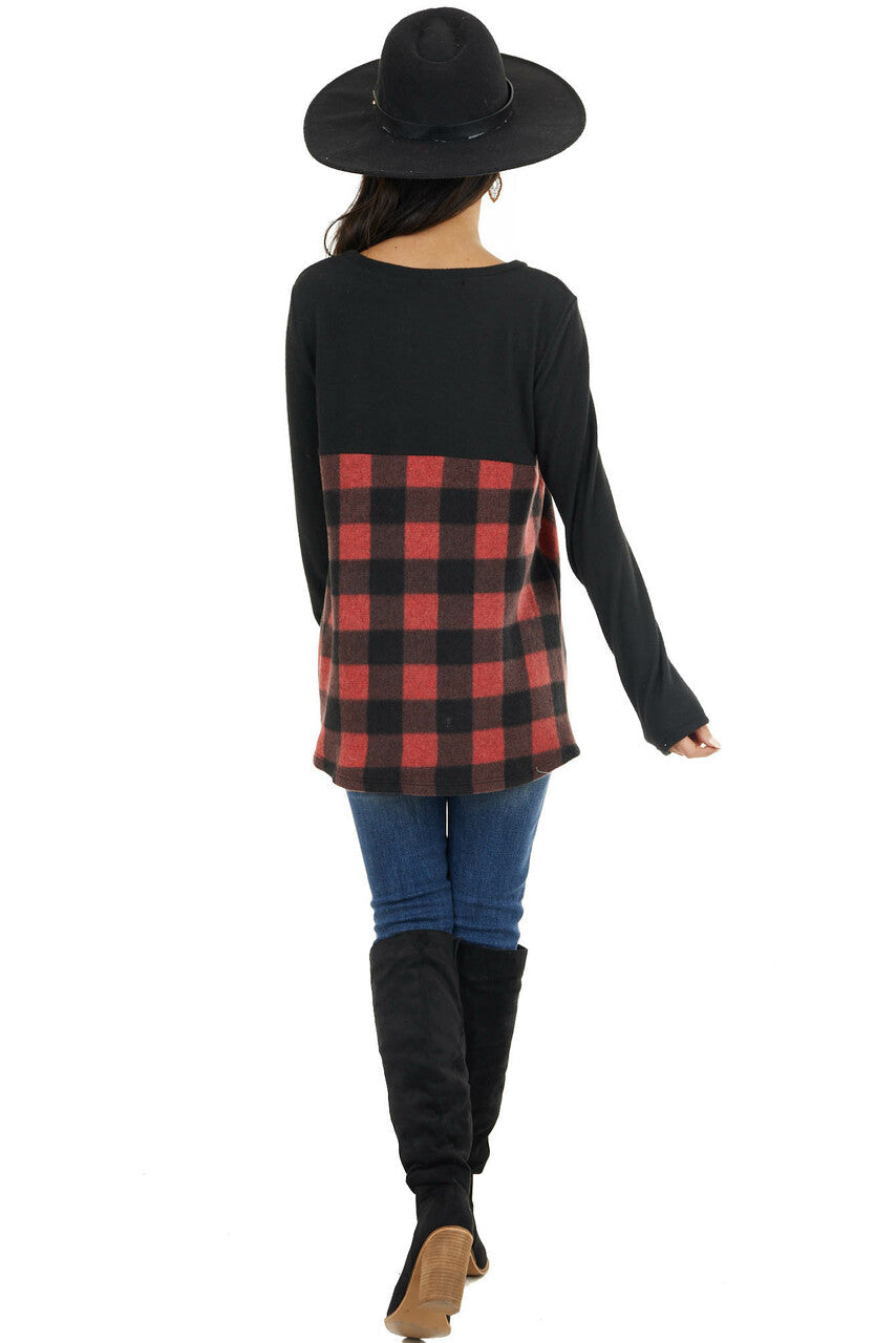Black and Crimson Buffalo Plaid Top with Twisted Detail