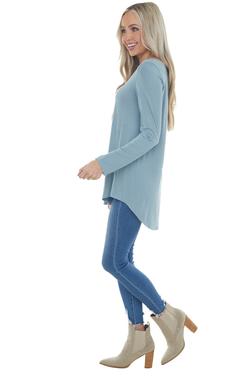 Steel Blue Rounded Hem V Neck Soft Knit Top