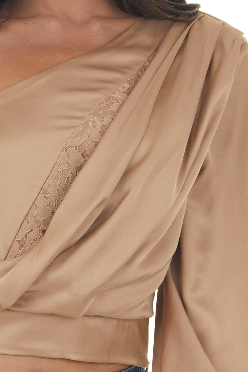 Nude One Shoulder Satin Crop Blouse with Lace 