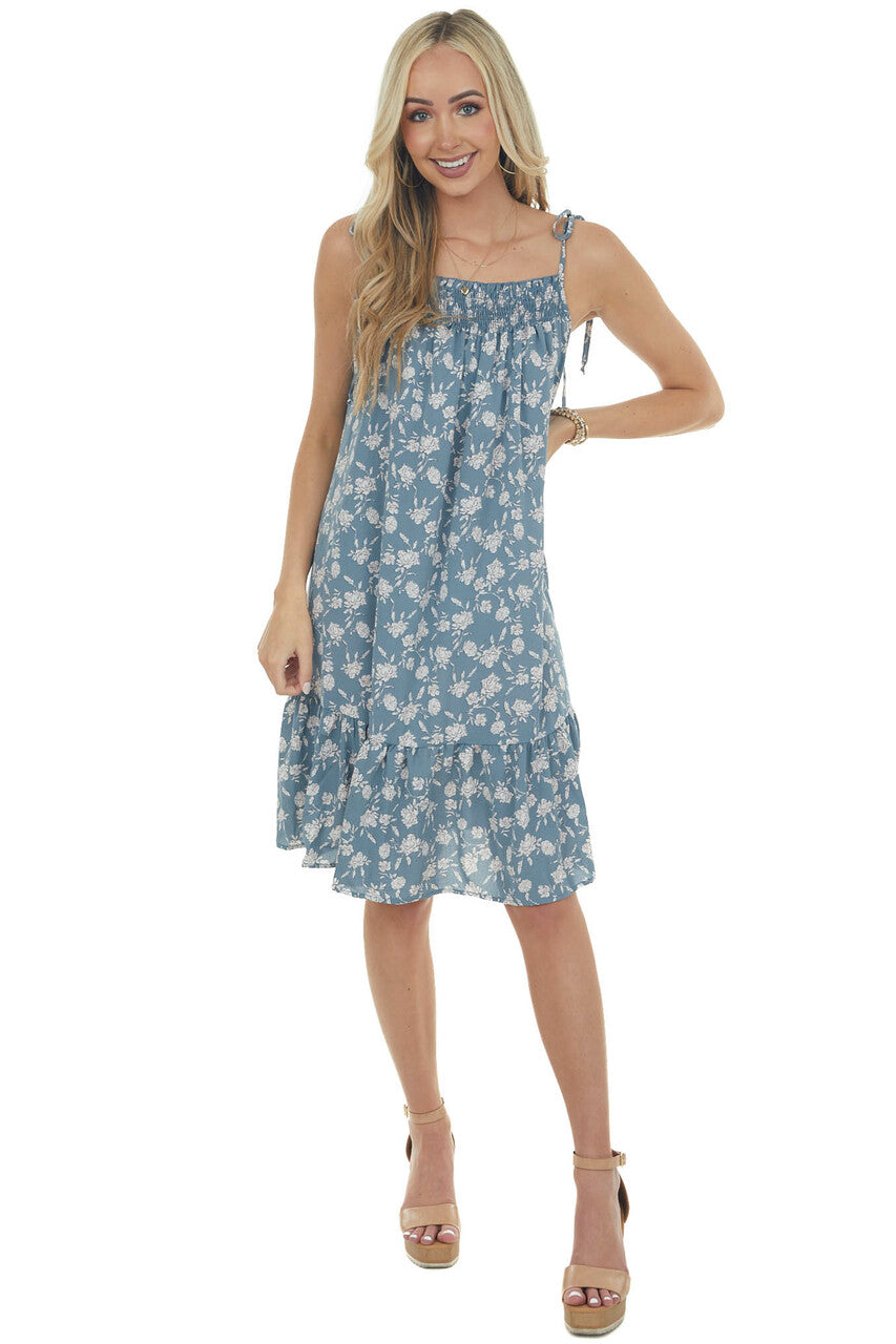 Dusty Slate Floral Print Sleeveless Short Ruffled Dress