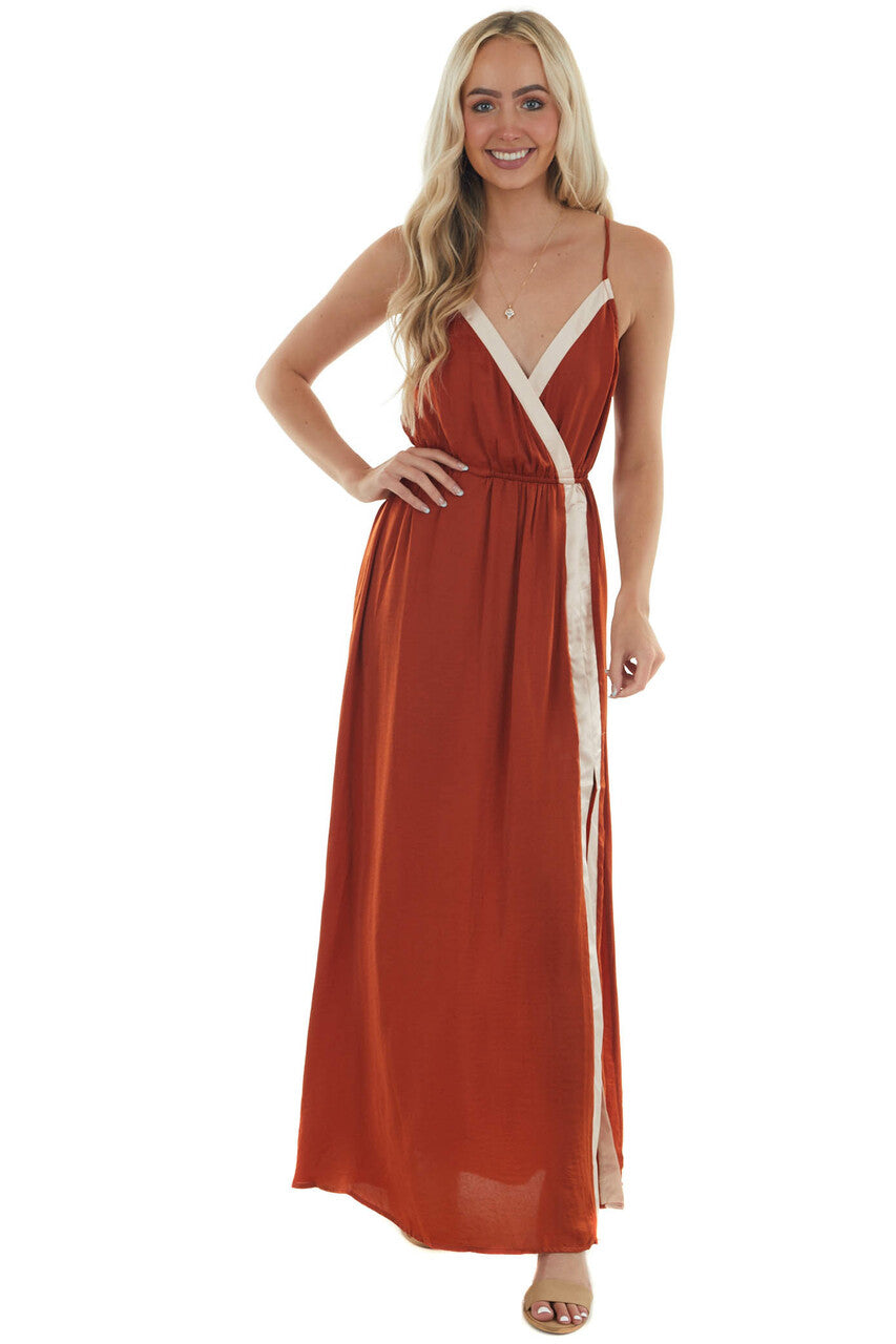 Rust Colorblock Surplice Neck Satin Maxi Dress