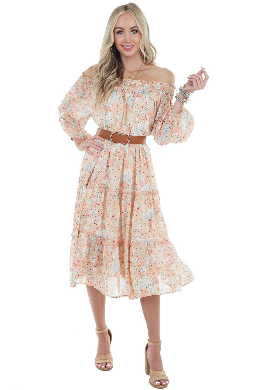 Apricot Floral Print Off Shoulder Smocked Tiered Midi Dress
