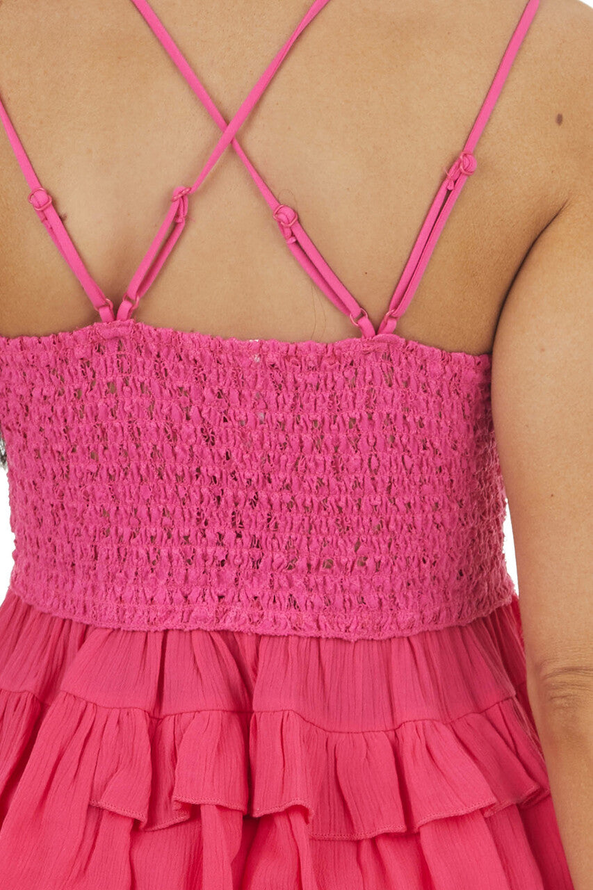 Fuchsia Lace Peplum Ruffled Tank with Criss Cross Straps
