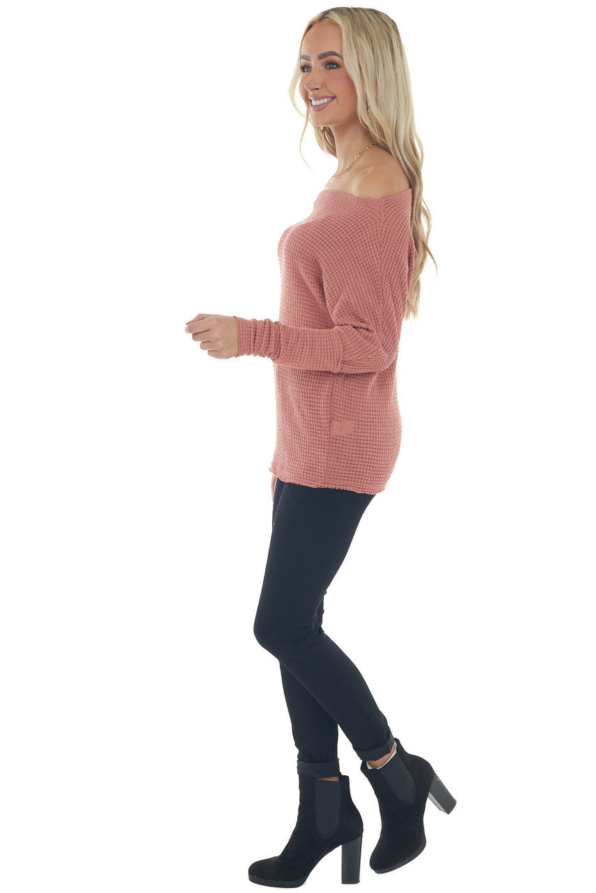 Dark Rose Waffle Knit Boat Neck Long Cuff Top 