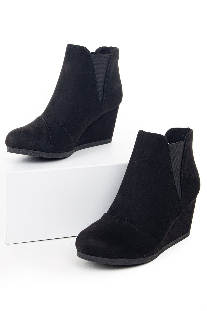 Black Elastic Wedge Heel Booties with Wrapped Detail
