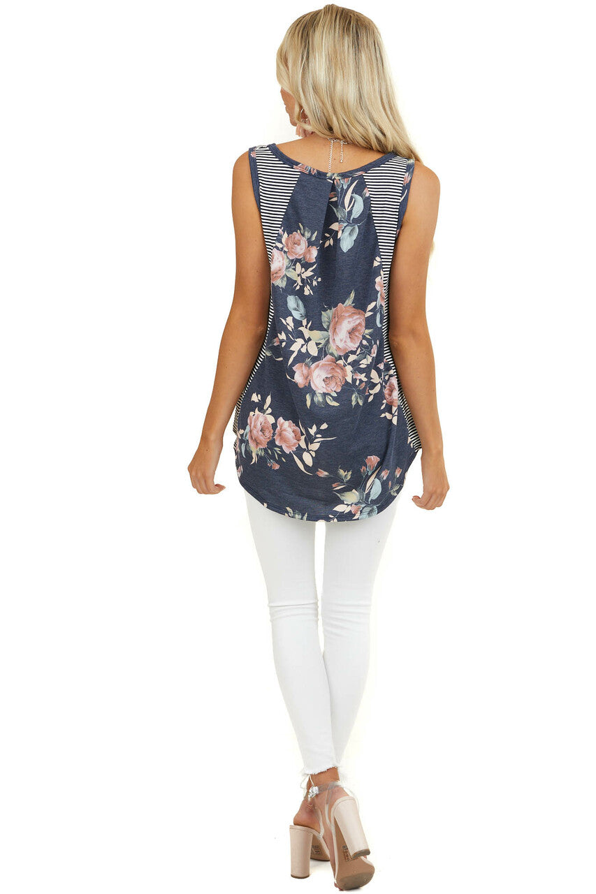 Navy Striped Print Tank Top with Back Floral Contrast 