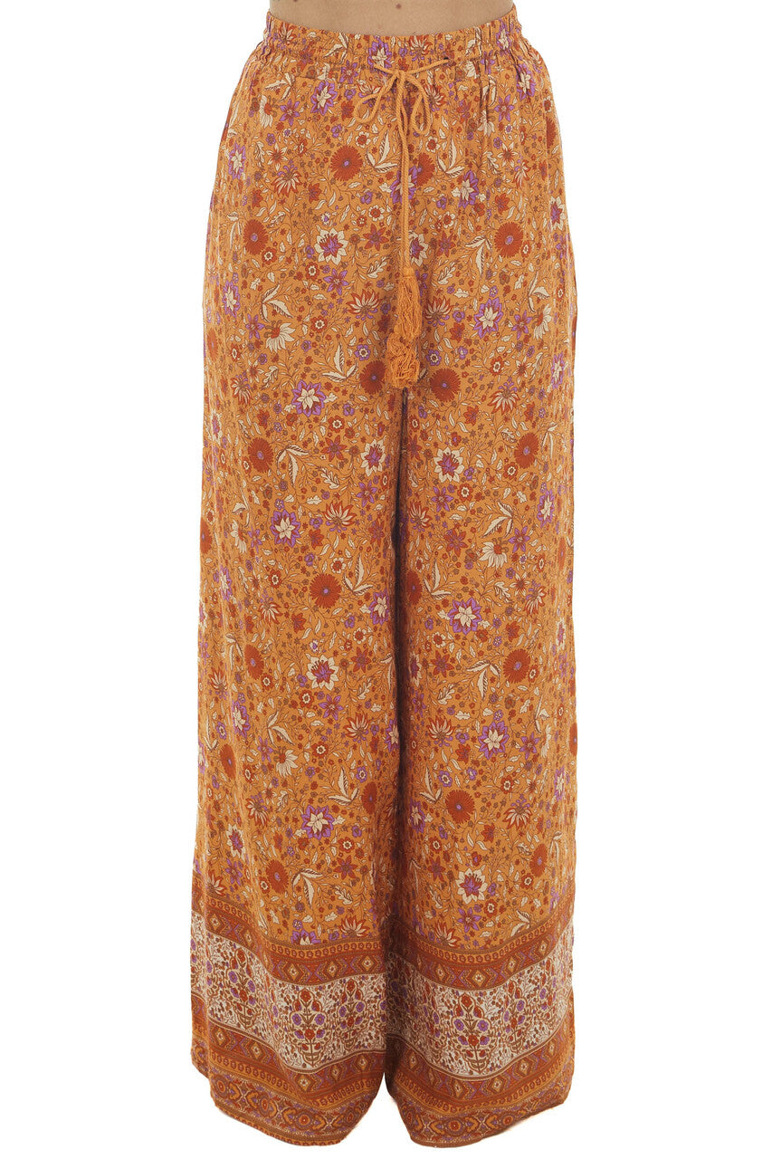 Tawny Floral Wide Leg Pants with Tassel Tie 