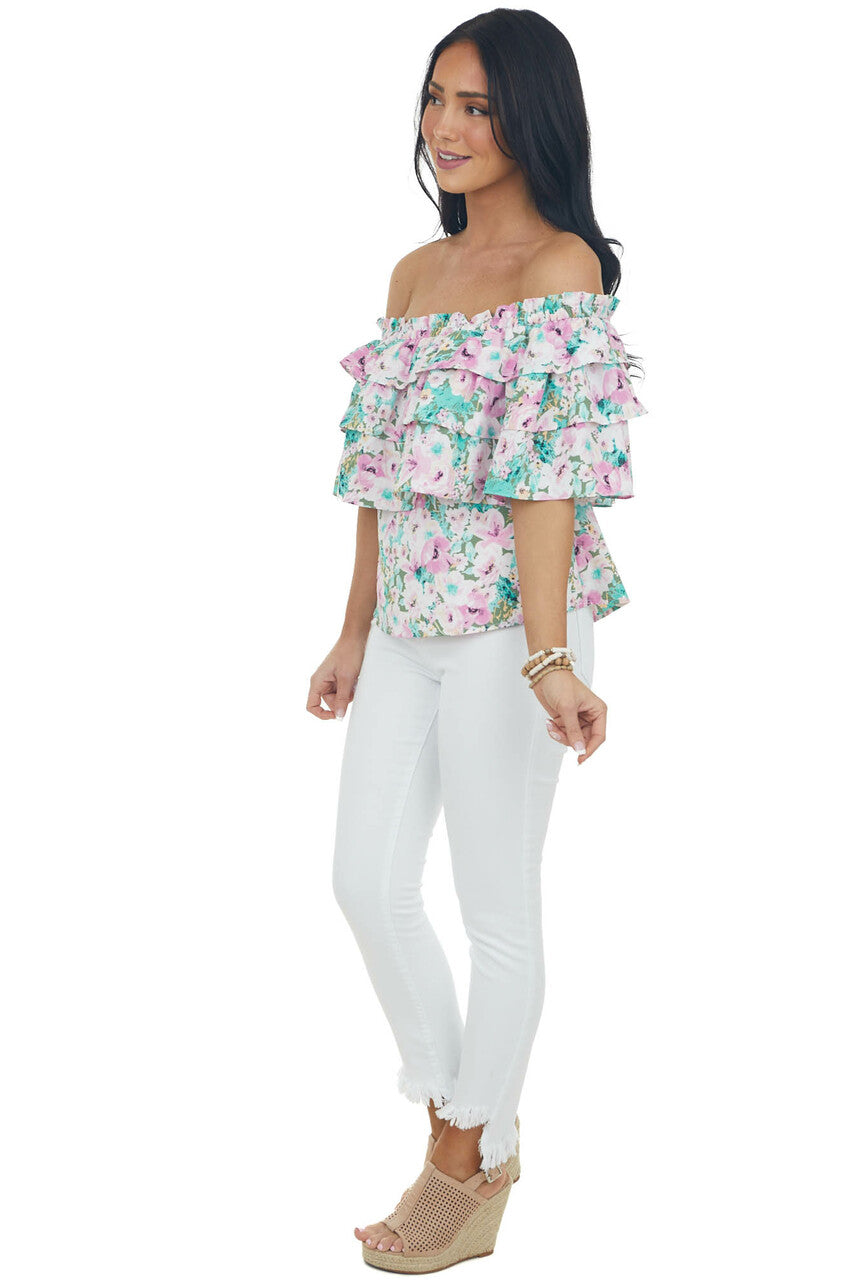 Aquamarine Floral Off Shoulder Overlay Blouse 