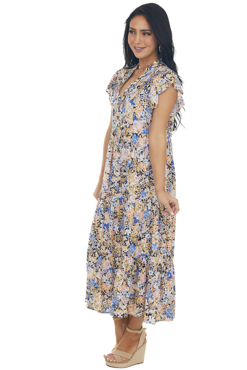 Black Floral Rouched Flutter Sleeve Maxi Dress