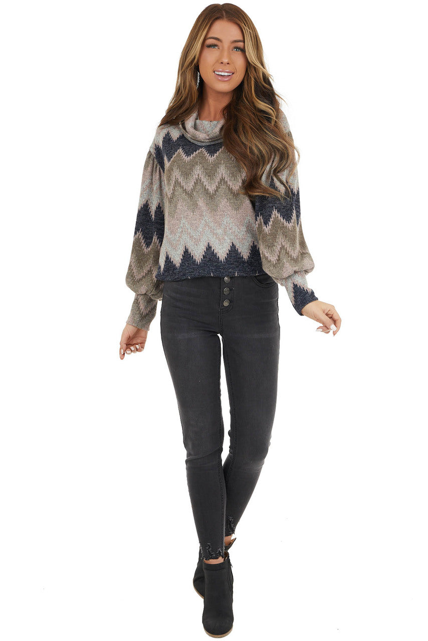 Blush Multicolor Zigzag Print Knit Top with Cowl Neck