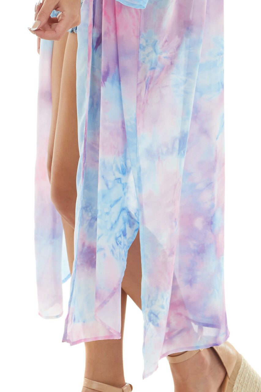 Sky Blue Tie Dye Open Front Chiffon Kimono