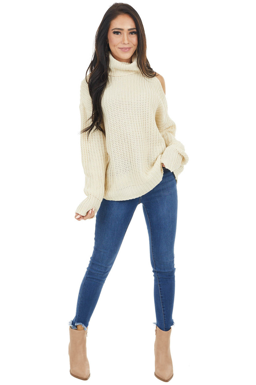 Cream Long Sleeve Knit Sweater with Cold Shoulder