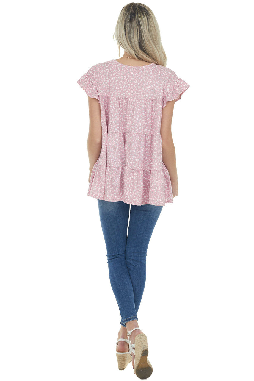 Baby Pink Ditsy Floral Print Short Sleeve Top