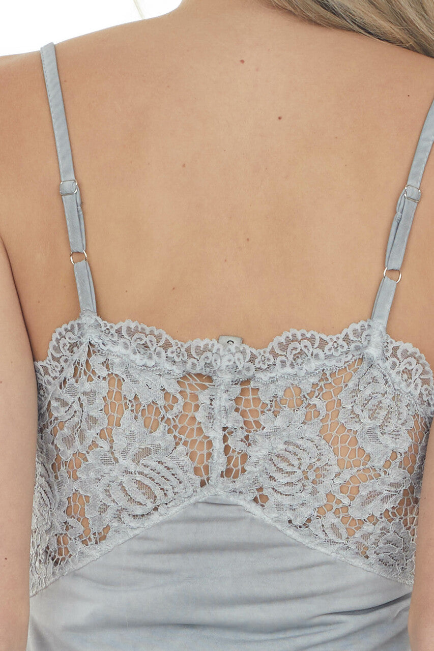 Steel Grey Sleeveless Cami Top with Floral Lace Bust and Hem 