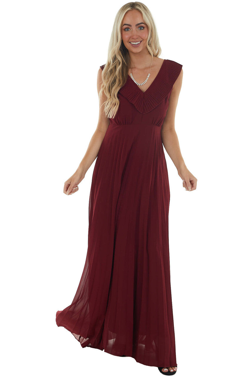 Wine Open Back Pleated Sleeveless Maxi Dress