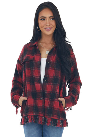 Crimson Plaid Shirt Jacket with Fringe Details