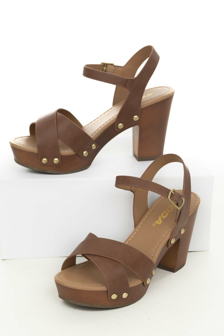 Coffee Studded Block Heels with Ankle Strap