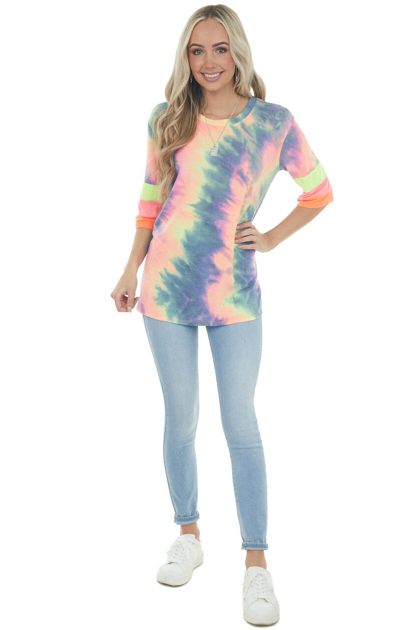 Neon Multicolor Tie Dye Knit Top with Stripe Contrast Detail
