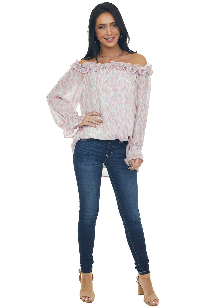 Carnation Watercolor Ruffle Off Shoulder Top