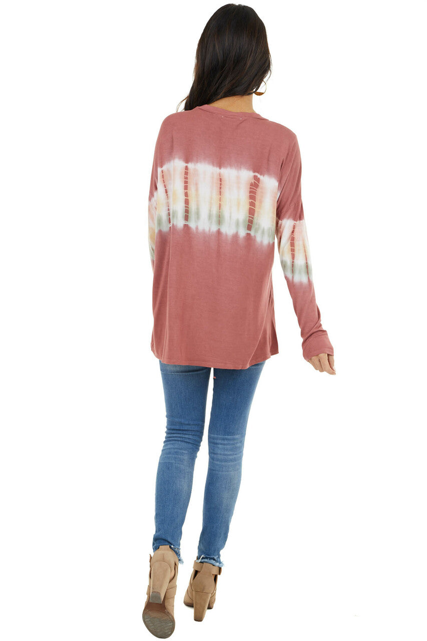Brick Red and Ivory Long Sleeve Top with Tie Dye Detail