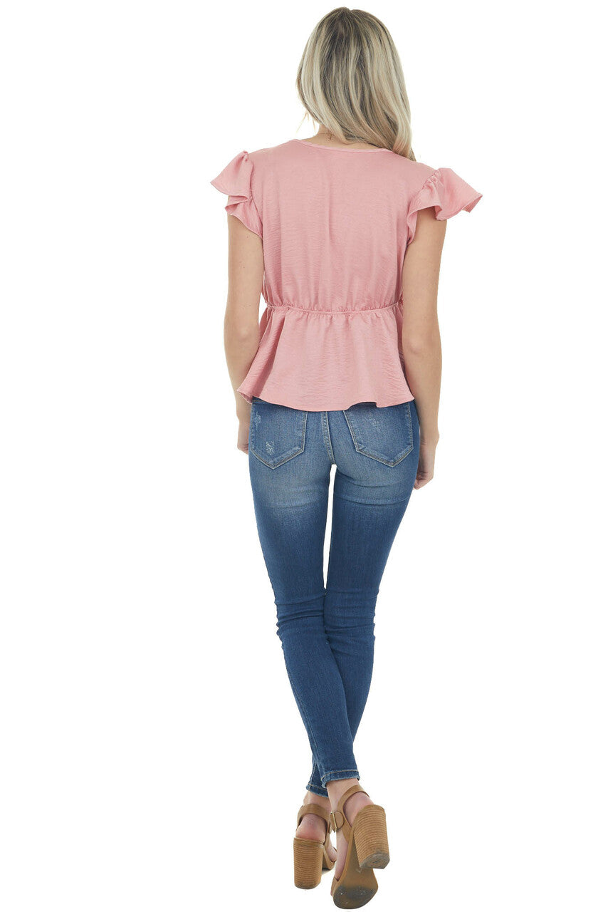 Baby Pink V Neck Short Flutter Sleeve Blouse