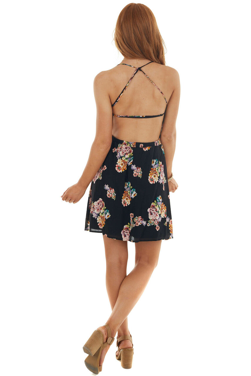 Black Floral Open Back Sleeveless Mini Dress