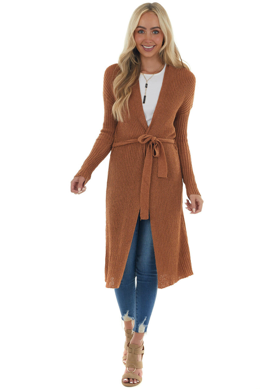 Cognac Open Front Duster Cardigan with Tie