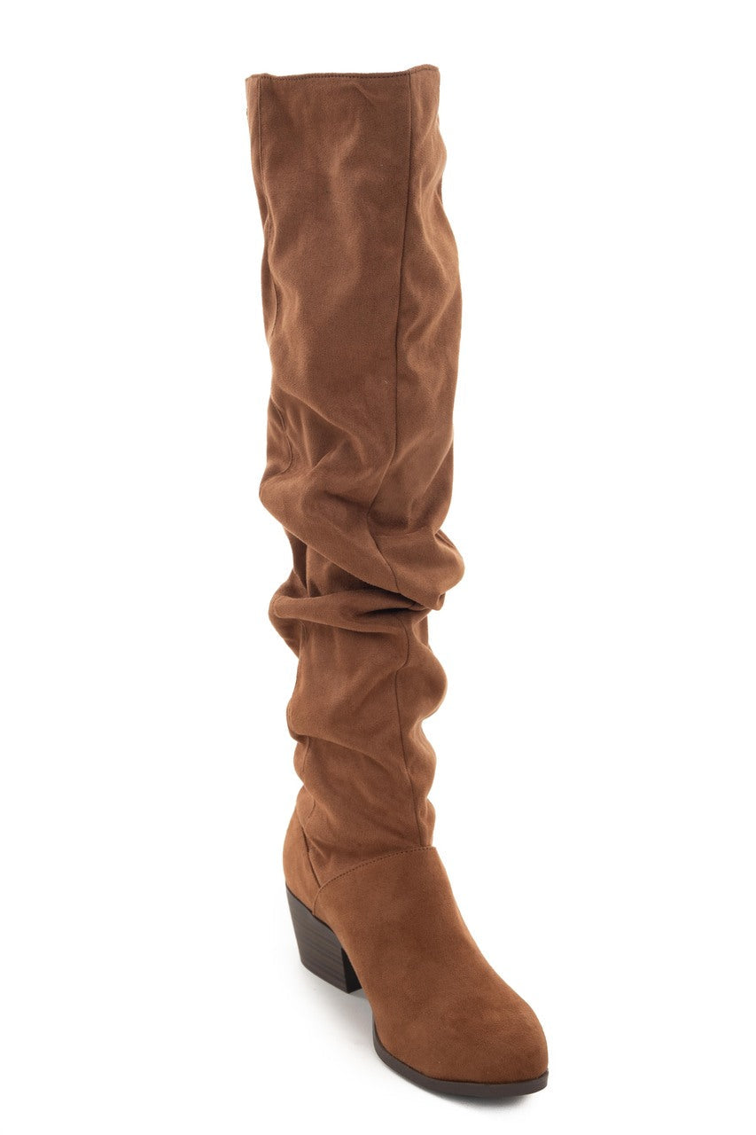 Cognac Suede Slouchy Over the Knee Booties